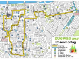 Hier die detaillierte Karte zur Weg-Strecke des Rosenmontagszug 2017 in Köln - copyright: Festkomitee des Kölner Karnevals von 1823 e.V.
