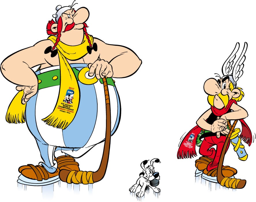 Asterix und Obelix, die beiden Hauptfiguren der weltbekannten Asterix-Comicreihe fungieren ab sofort als offizielle Maskottchen der gemeinsam von Deutschland und Frankreich in Köln und Paris ausgerichteten 2017 IIHF Eishockey-Weltmeisterschaft (5. – 21. Mai 2017). copyright: 2016 LES EDITIONS ALBERT RENE / GOSCINNY-UDERZO