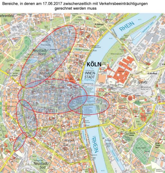 In diesen Bereichen ist mit Verkehrsbehinderungen zu rechnen - copyright: Polizei Köln