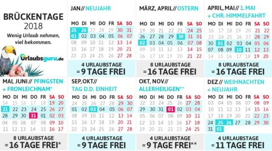 Der Brückentage-Kalender 2018 zum Download - copyright: Urlaubsguru.de