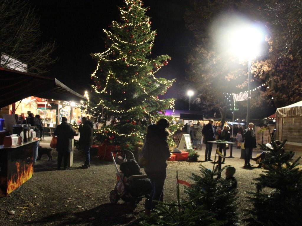 Der riesige Weihnachtsbaum sorgt für festliche und gemütliche Stimmung azf dem Weihnachtsmarkt.