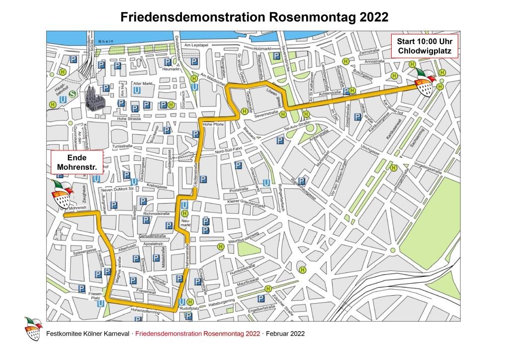 Die Strecke der Demonstration an Rosenmontag 2022 in Köln.