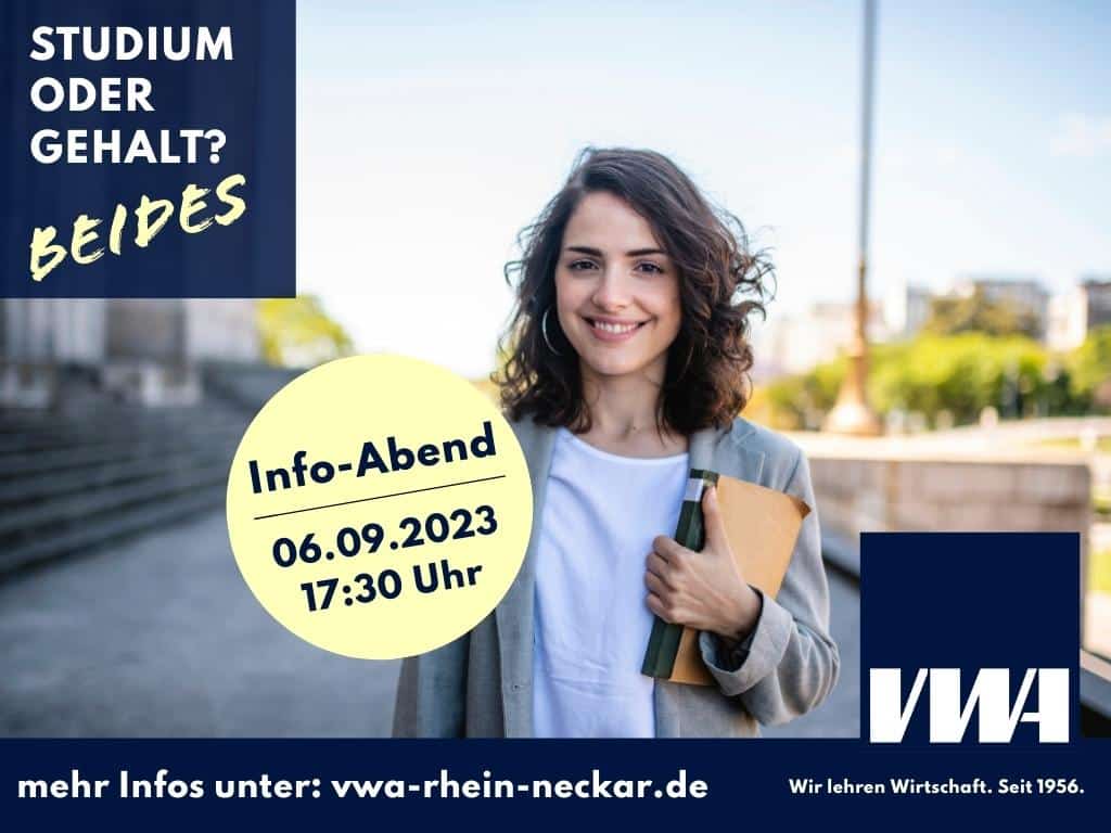 Interessierte Personen können sich am 06.09.2023 bei den Infoveranstaltungen der VWA Rhein-Neckar e.V. über die Abendstudiengänge informieren.